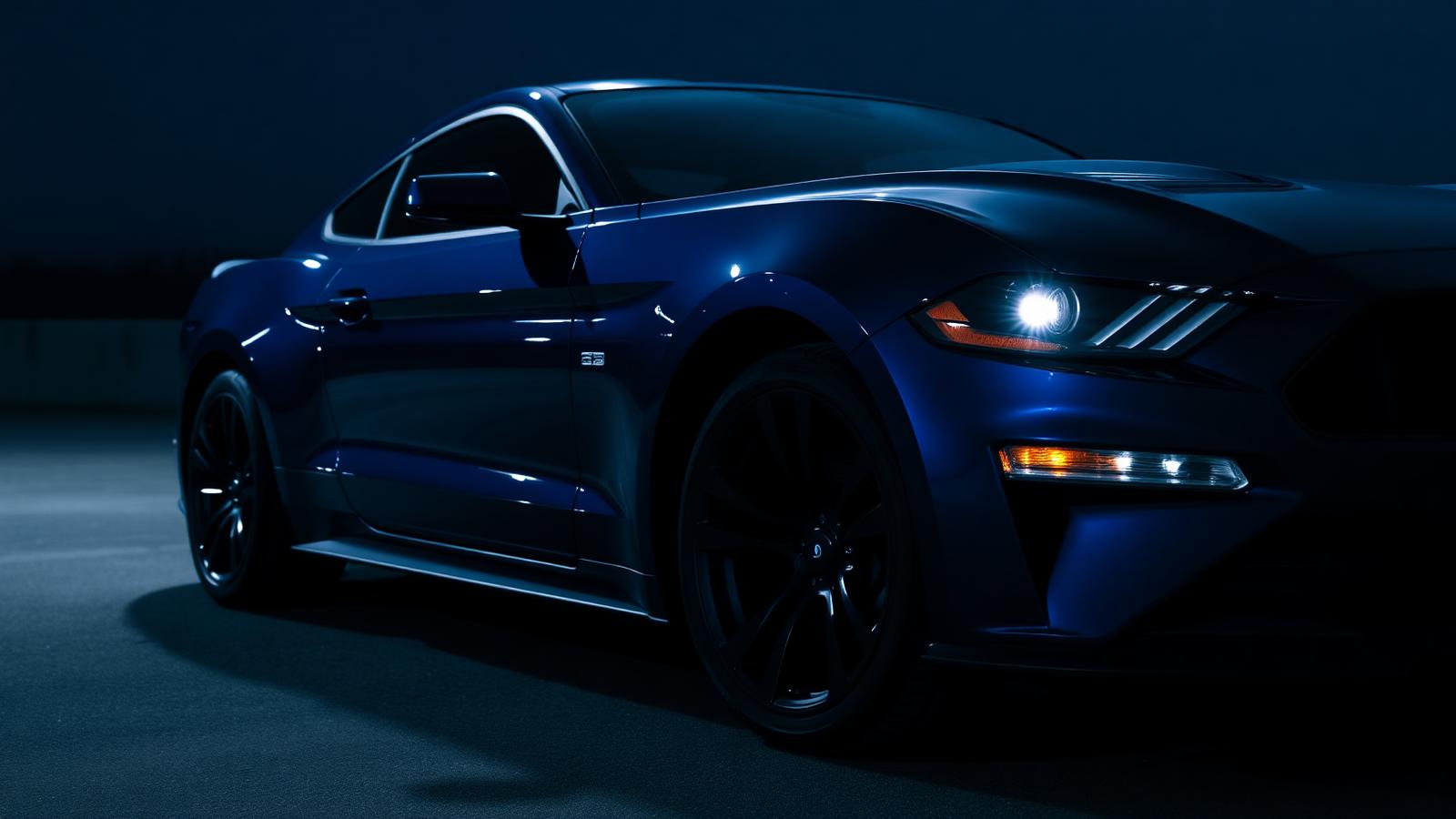 Sleek blue Mustang with glowing headlight